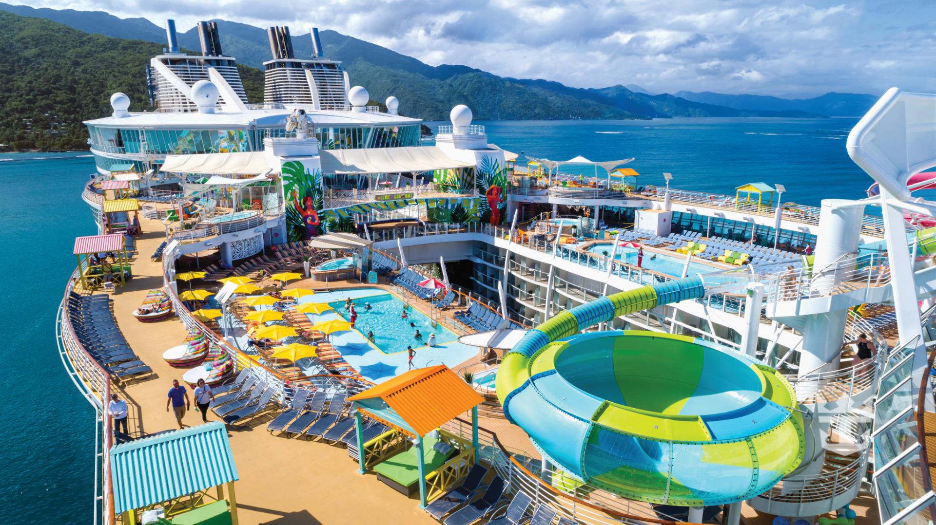 Aerial shot of pool deck and Perfect Storm slide - Photo Credit: Jason Lisiewski